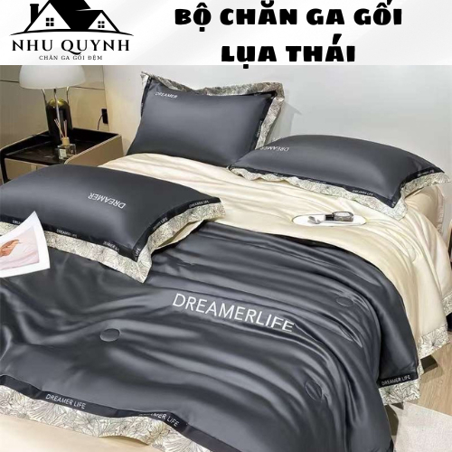Bộ chăn ga gối phi lụa Dream city chất liệu phi lụa mềm thoáng mát , Bộ 4 món chăn ga phi lụa chăn t