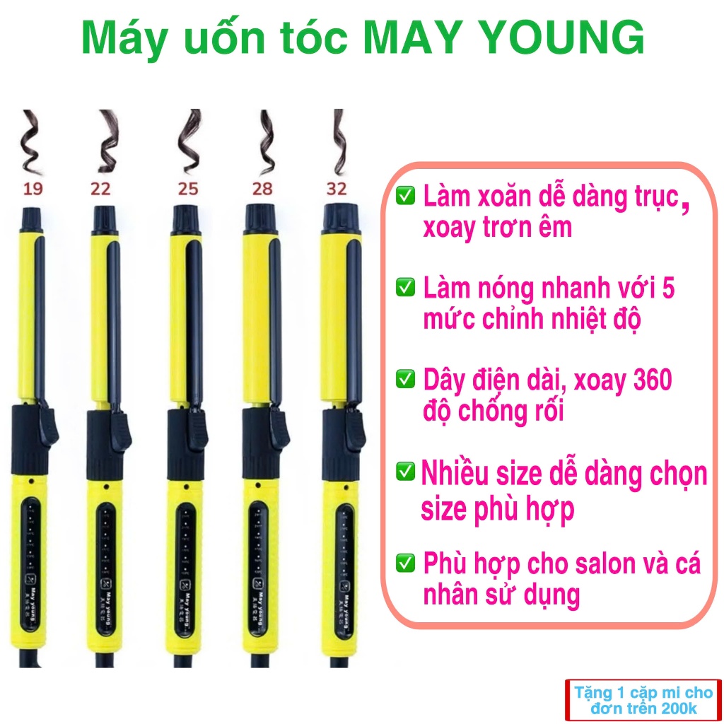 Máy uốn tóc MAY YOUNG M606 màu vàng điều chỉnh nhiều mức độ, nóng siêu tốc giúp tóc xoăn lọn chuẩn salon