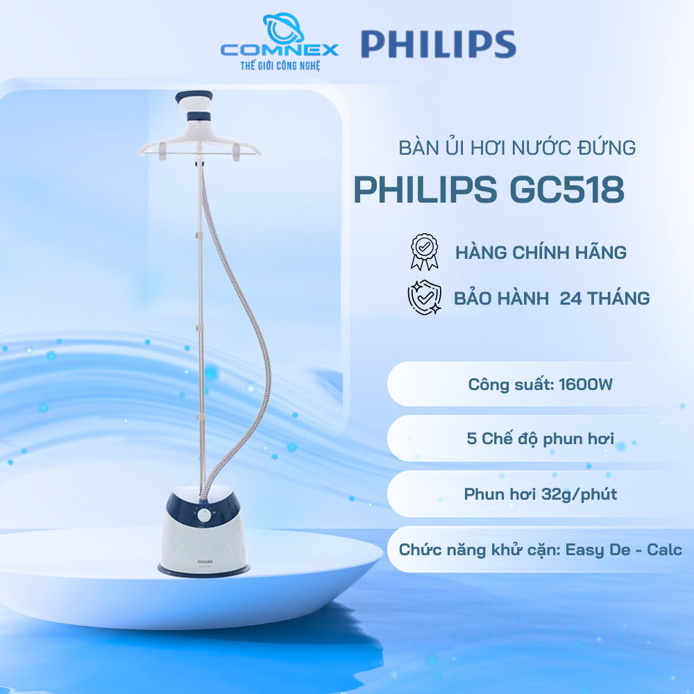 Bàn Ủi Hơi Nước đứng PHILIPS GC518 1600W Xanh - Hàng Chính Hãng