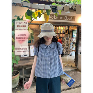 Sơ mi nữ - Áo Babydoll cổ sen kẻ tay bồng