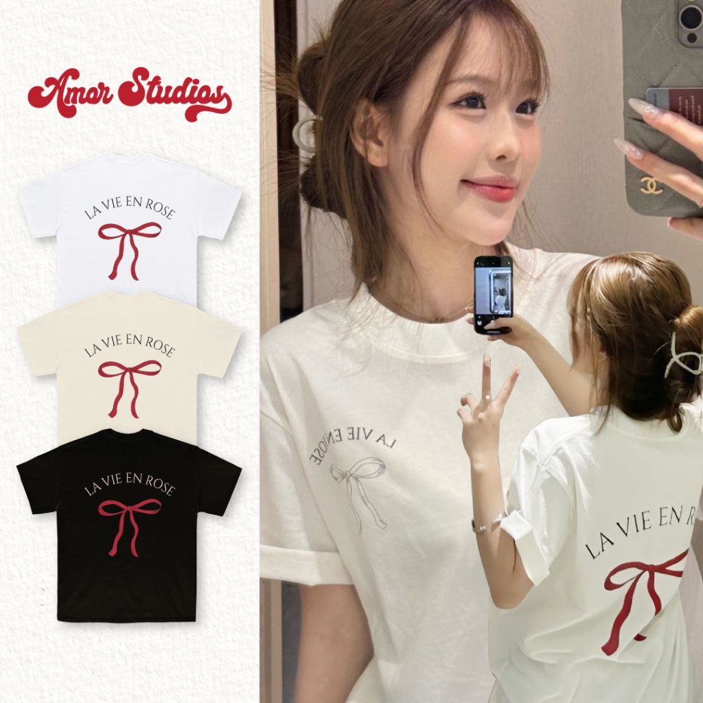 Áo thun LA VIE EN ROSE hot trend 100% cotton cổ tròn form rộng dễ thương 250gsm hai màu đen trắng - 