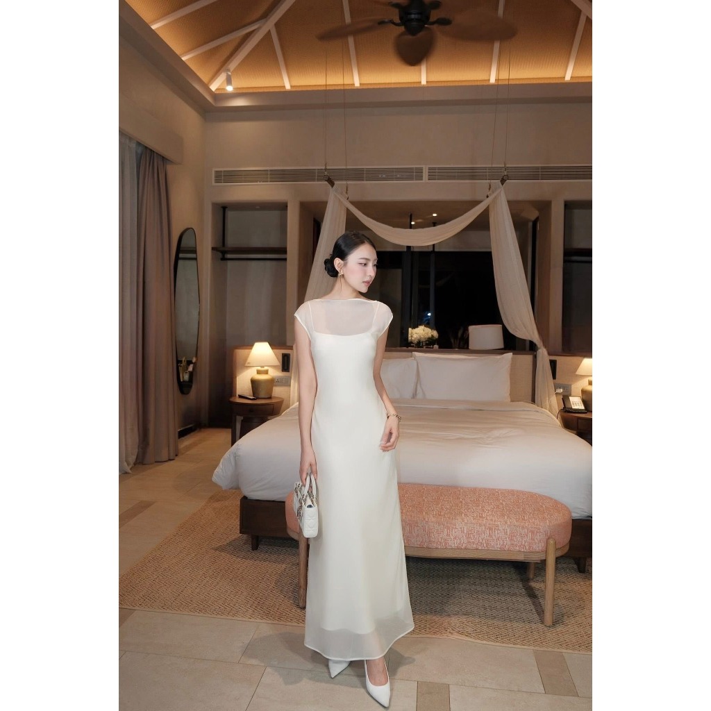  LIPU Đầm váy hai dây lụa be kem kèm váy choàng xẻ lưng V cúc dọc dáng dài thiết kế sang chảnh TỰ MAY,váy hai dây 