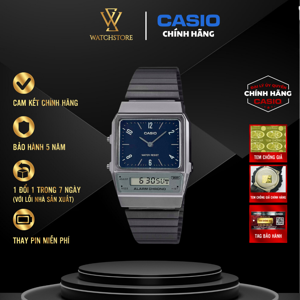 Đồng Hồ Casio Vintage Unisex AQ-800EB-2ADF Màu Đen Kính Nhựa 32.1mm Chống Nước Dây Kim Loại Chính Hã