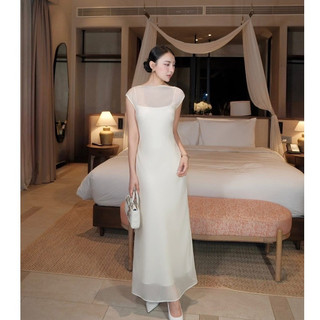  YUKSTORE-Đầm váy hai dây lụa be kem kèm váy choàng xẻ lưng V cúc dọc dáng dài thiết kế sang chảnh TỰ MAY,váy hai dây max 