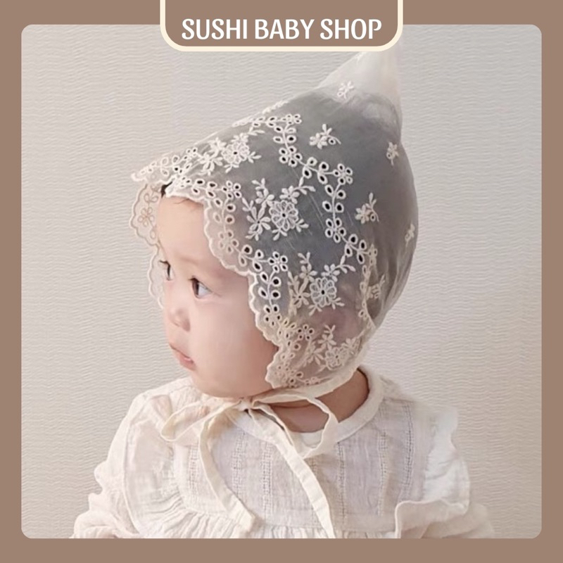 Mũ ren cho bé gái màu kem SUSHI BABY SHOP mũ công chúa che thóp sơ sinh đầy tháng thôi nôi chụp ảnh 