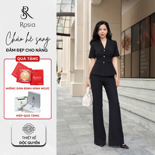 [RS001] Set ký giả ROSIA Bộ công sở nữ quần ống loe phối cổ tim áo ngắn tay thiết kế màu đen thanh lịch sang trọng