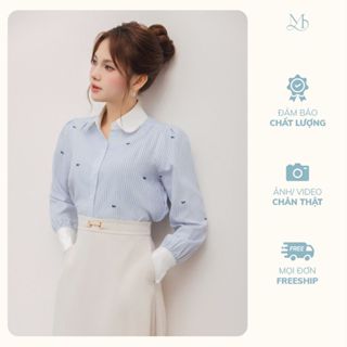 Áo sơ mi nữ dài tay màu kẻ xanh hoạ tiết nơ phối cổ và cửa tay trắng YAME YA612