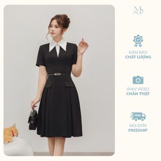 [TẶNG KÈM ĐAI] Váy nữ màu đen dáng xòe xếp ly ngắn tay phối cổ vạt nhọn trắng YAME YV596