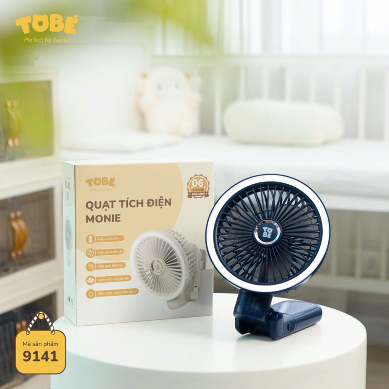 Quạt kẹp tích điện mini Monie hãng TOBÉ pin 7200 mah có thể xoay, kèm đèn