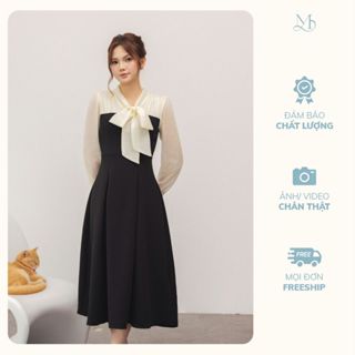 Váy yếm nữ màu đen dáng dài phối sơ mi tơ màu kem thắt nơ cổ cách điệu YAME YV594