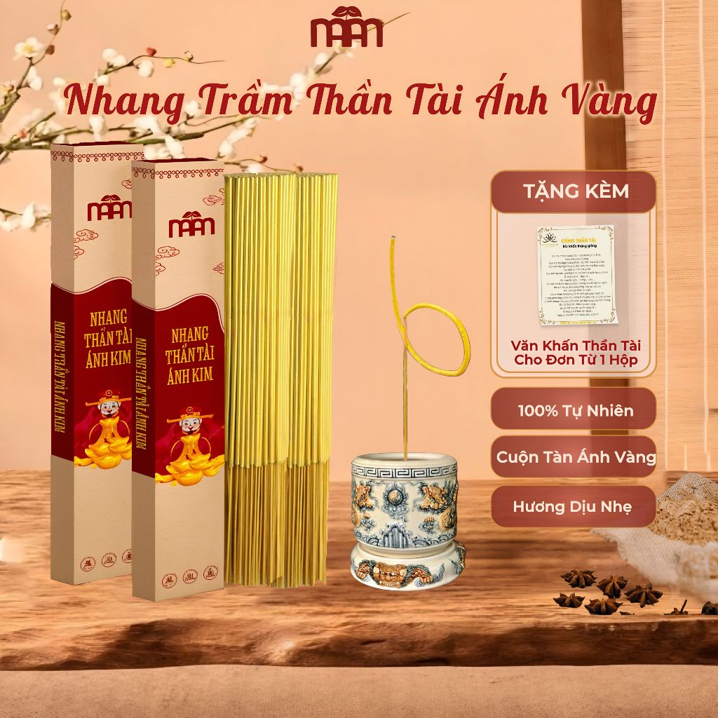 Nhang Thần Tài Cao Cấp, Nhang Cuộn Tàn Thần Tài Vàng Ánh Kim Ít Khói Hương Thơm Dễ Chịu Hộp 50 Nén
