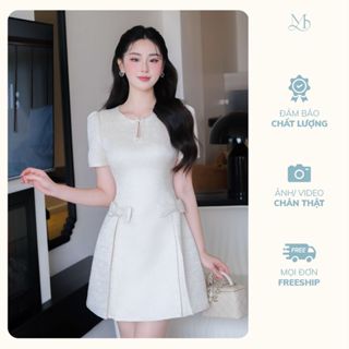 Váy nữ dáng A đính nơ cổ tròn cut-out giọt nước ngắn tay vải tafta YAME YV447