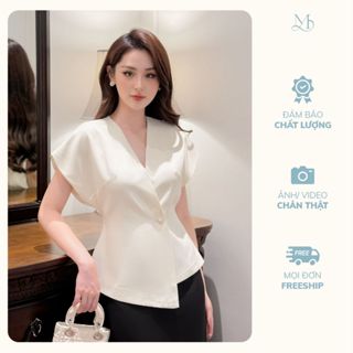 Áo nữ dáng peplum cổ V vạt lệch tay chờm vai nhiều màu đính cúc ngọc YAME AA182