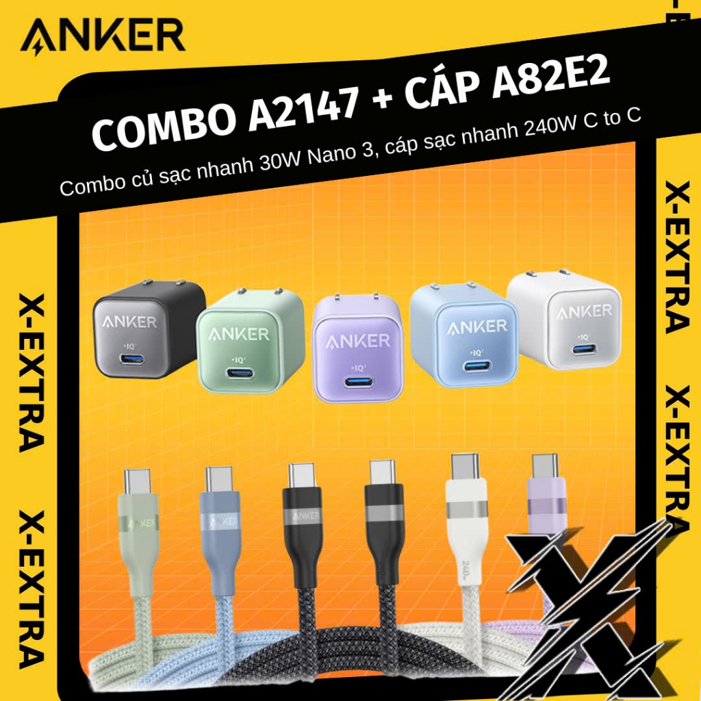 Bộ sạc nhanh Anker 30W A2147 kèm cáp sạc nhanh bọc dù nhiều màu sắc A82E2 dành cho IP15, 16 và Samsu