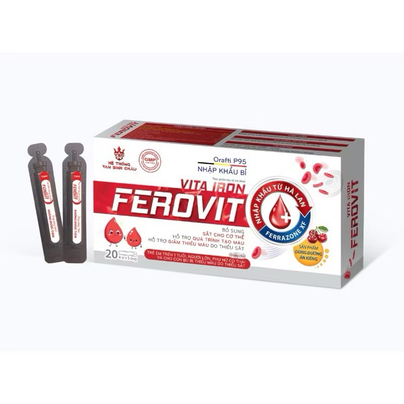 Viên uống Bổ sung Sắt và Acid Folic Vita iron Ferrovit cho cơ thể, hỗ trợ tạo hồng cầu Hộp 20 ống x1