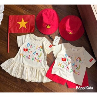 Set 2/9 cho bé trai bé gái, bộ quần áo bé trai, váy bé gái kèm mũ bèo đỏ sao vàng chất cotton mềm mát 8-28kg Jun Kids