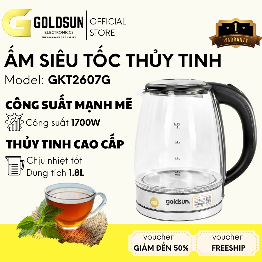 Ấm siêu tốc thủy tinh Goldsun GKT2607G chịu nhiệt 1.8L 1800W đun sôi trong 3p, tự ngắt khi sôi