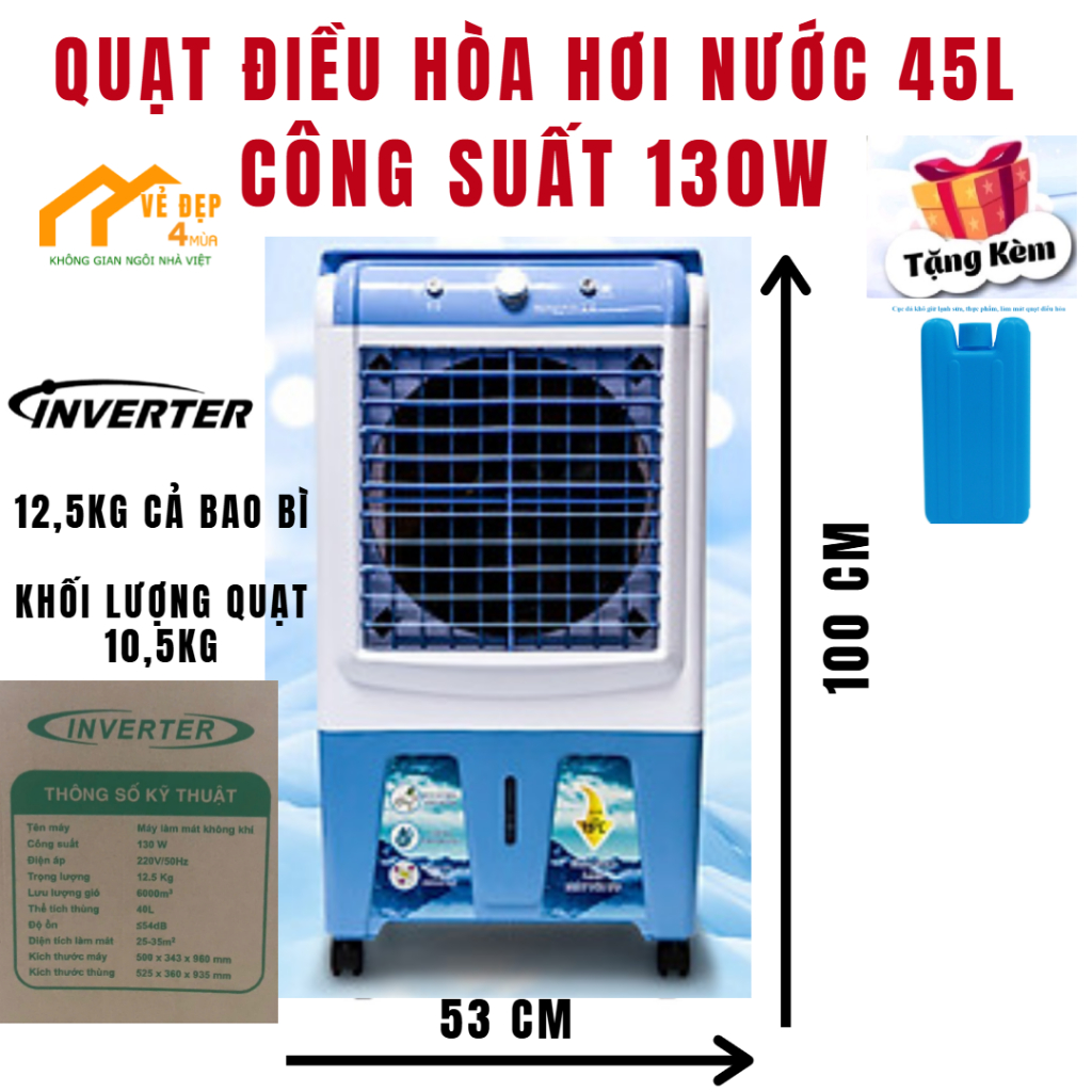 Quạt Điều Hòa Hơi Nước - Dung Tích 45L - CÔNG NGHỆ INVERTER- LÀM MÁT NHANH BẢO HÀNH 12 THÁNG