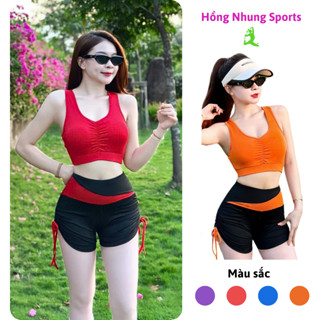 Đồ tập Gym Aerobic nữ, Set bộ đùi tập gym dây rút áo bra co giãn ôm body tôn dáng tặng kèm mút B03