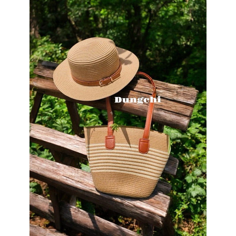 Combo túi cói + mũ cói quai da có khóa kéo tiện lợi | BigBuy360 - bigbuy360.vn