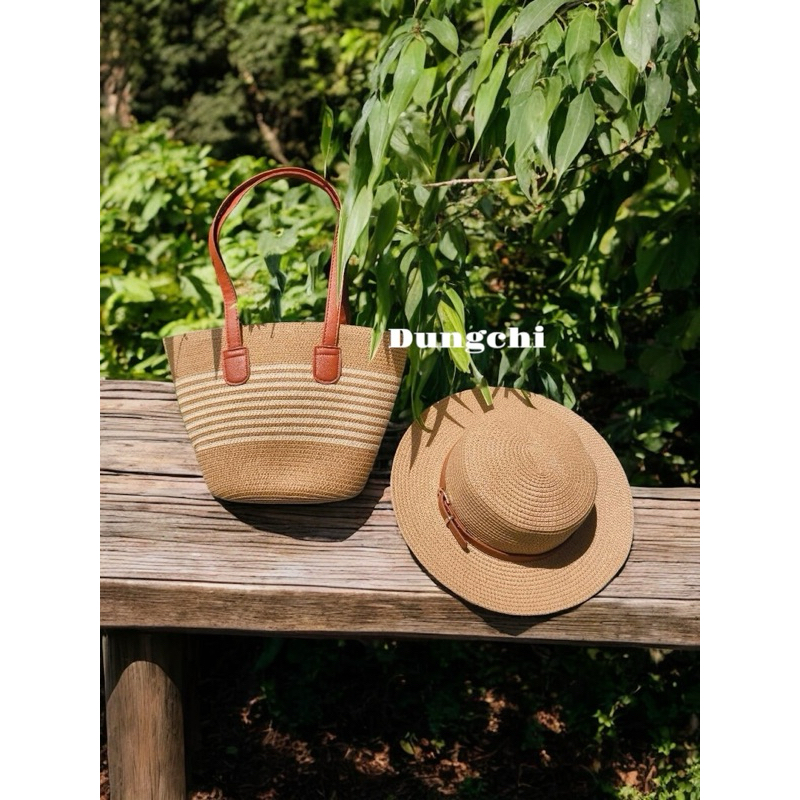 Combo túi cói + mũ cói quai da có khóa kéo tiện lợi | BigBuy360 - bigbuy360.vn