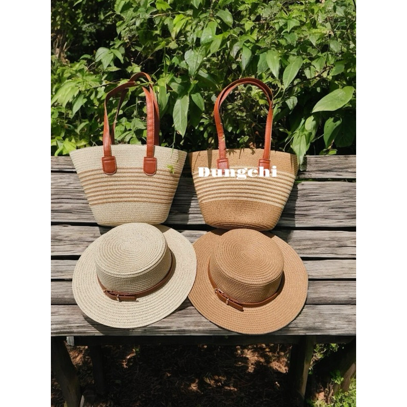 Combo túi cói + mũ cói quai da có khóa kéo tiện lợi | BigBuy360 - bigbuy360.vn