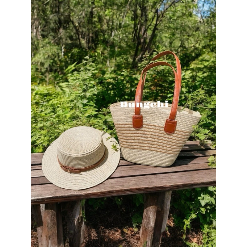 Combo túi cói + mũ cói quai da có khóa kéo tiện lợi | BigBuy360 - bigbuy360.vn