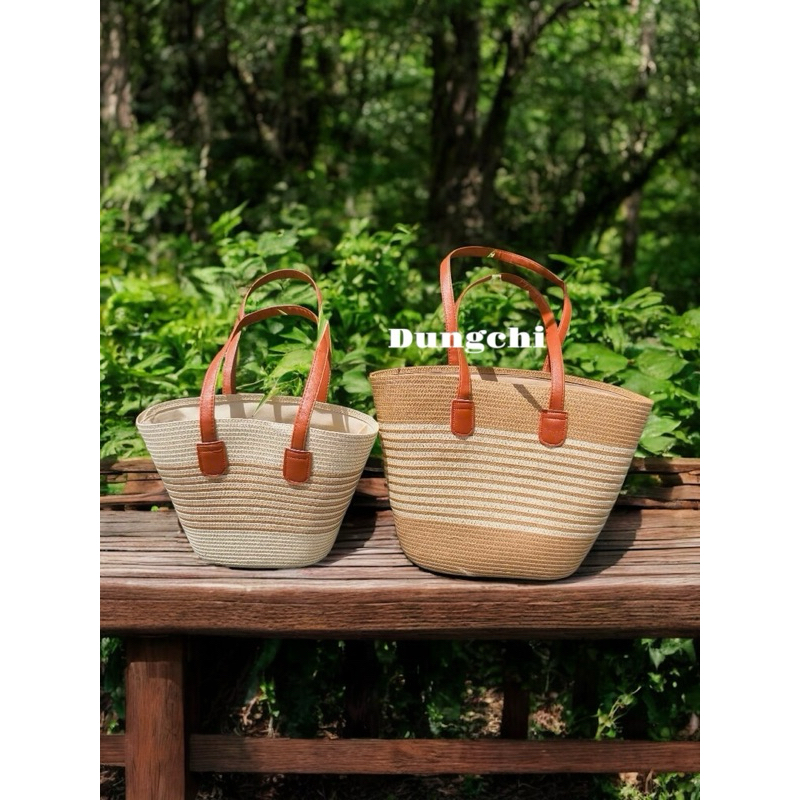 Combo túi cói + mũ cói quai da có khóa kéo tiện lợi | BigBuy360 - bigbuy360.vn