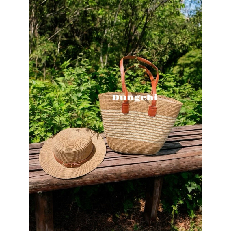 Combo túi cói + mũ cói quai da có khóa kéo tiện lợi | BigBuy360 - bigbuy360.vn