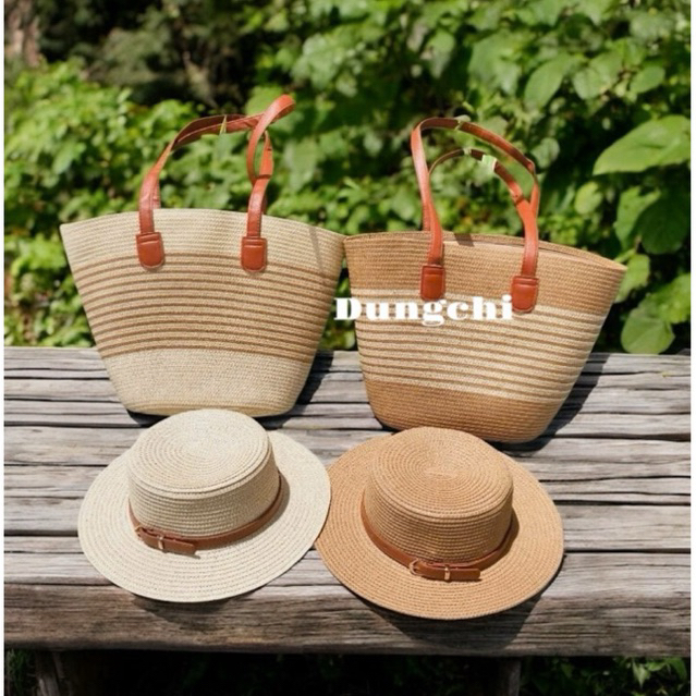 Combo túi cói + mũ cói quai da có khóa kéo tiện lợi
