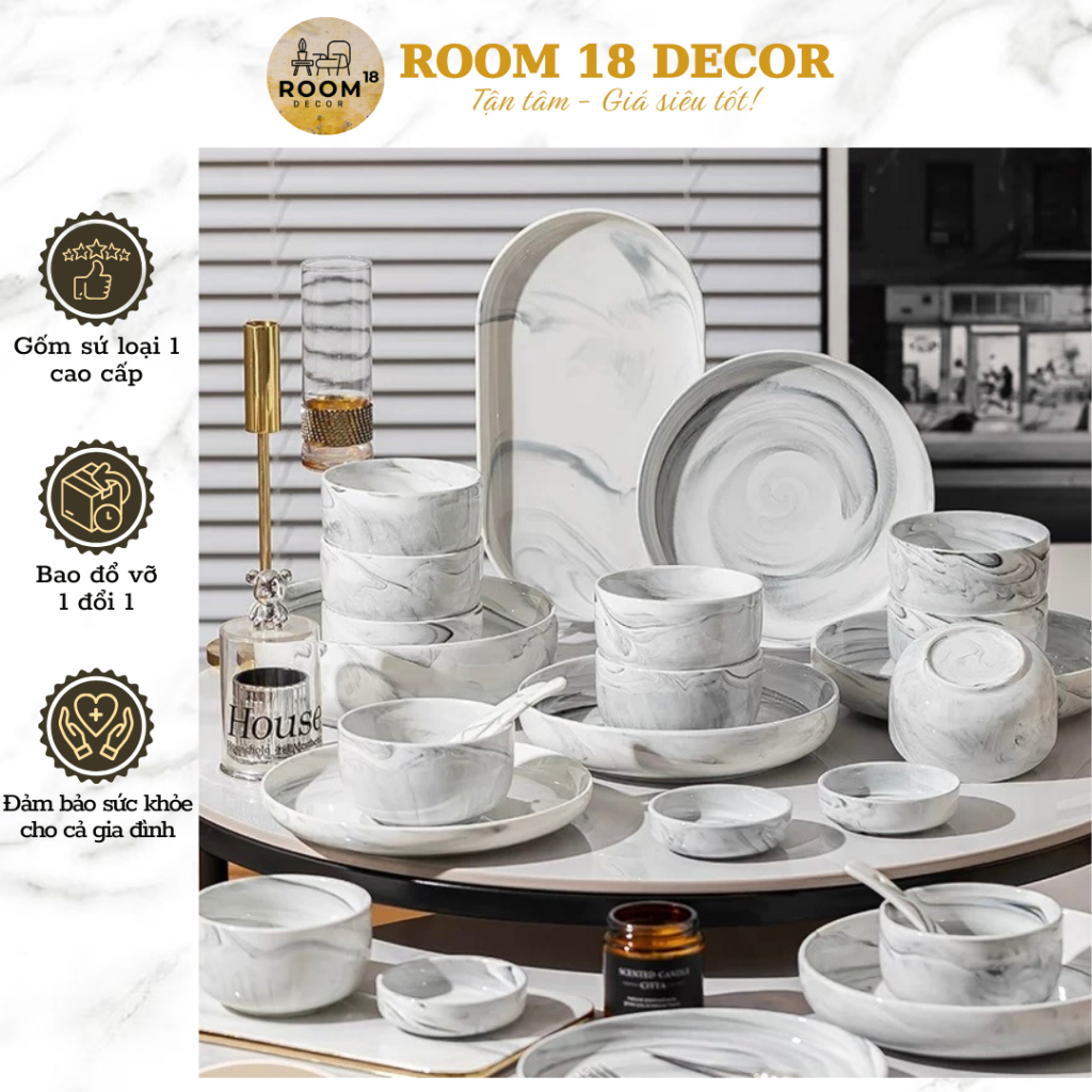 Set bát đĩa sứ vân đá cẩm thạch sang trọng cho gia đình 6 người, 10 người phong cách Nhật Bản