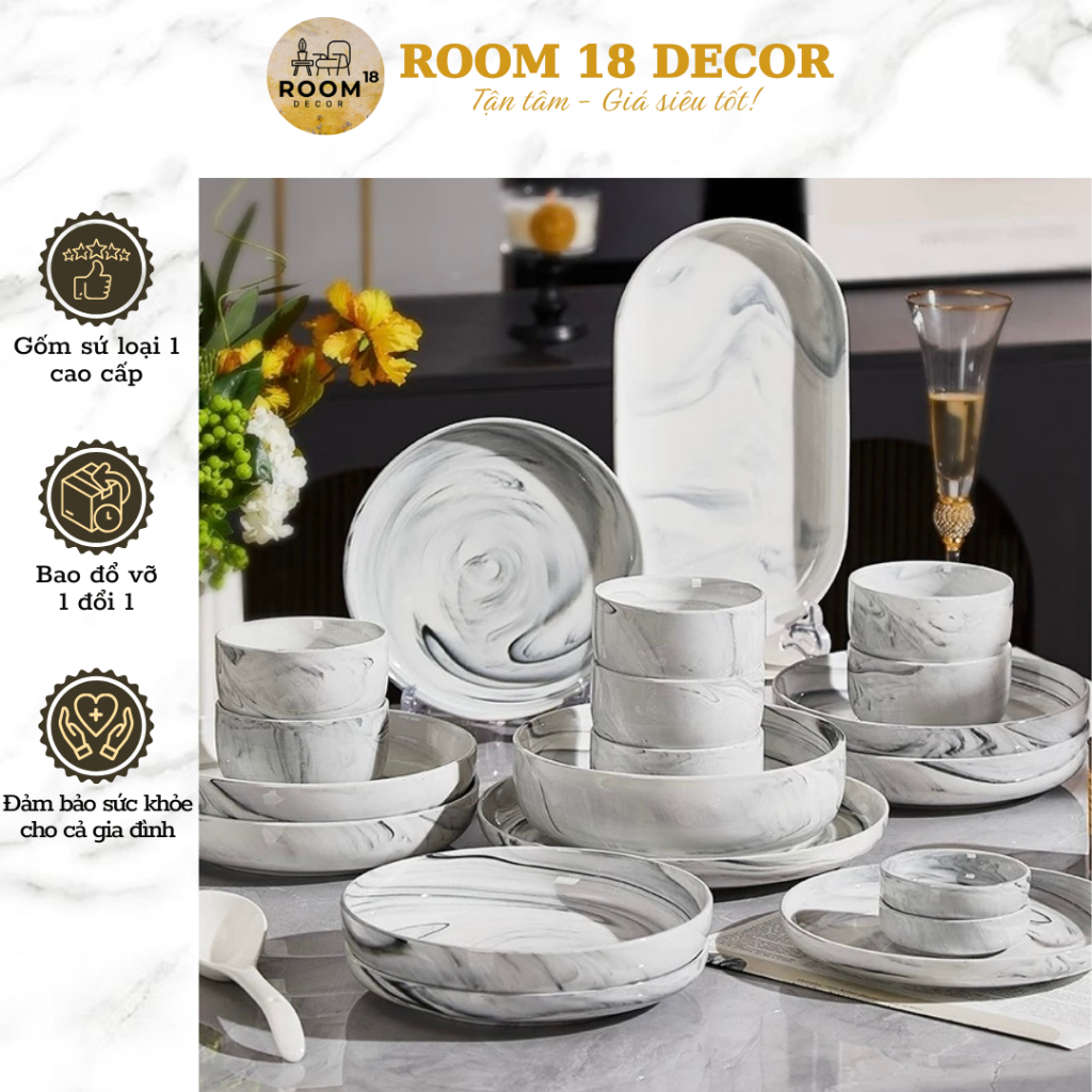 Lẻ chén bát đĩa gốm sứ cao cấp vân đá cẩm thạch sang trọng tráng men chịu nhiệt tốt