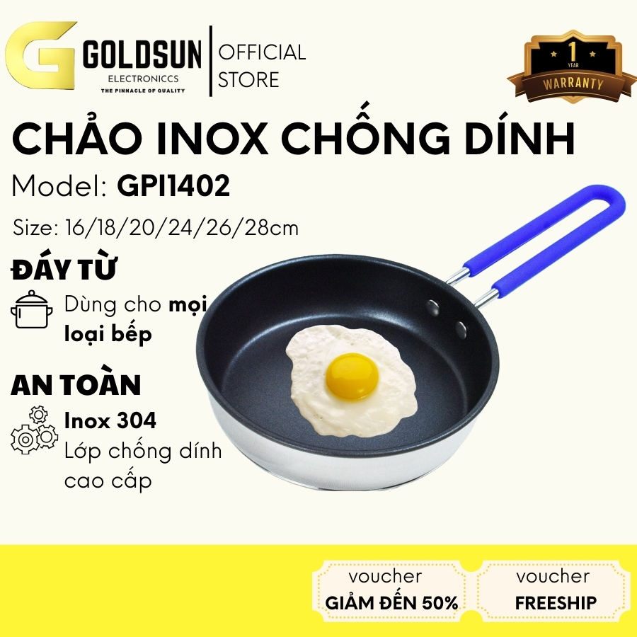 Chảo inox chống dính Goldsun GPA1402 đáy từ 3 lớp chống dính sử dụng trên mọi loại bếp