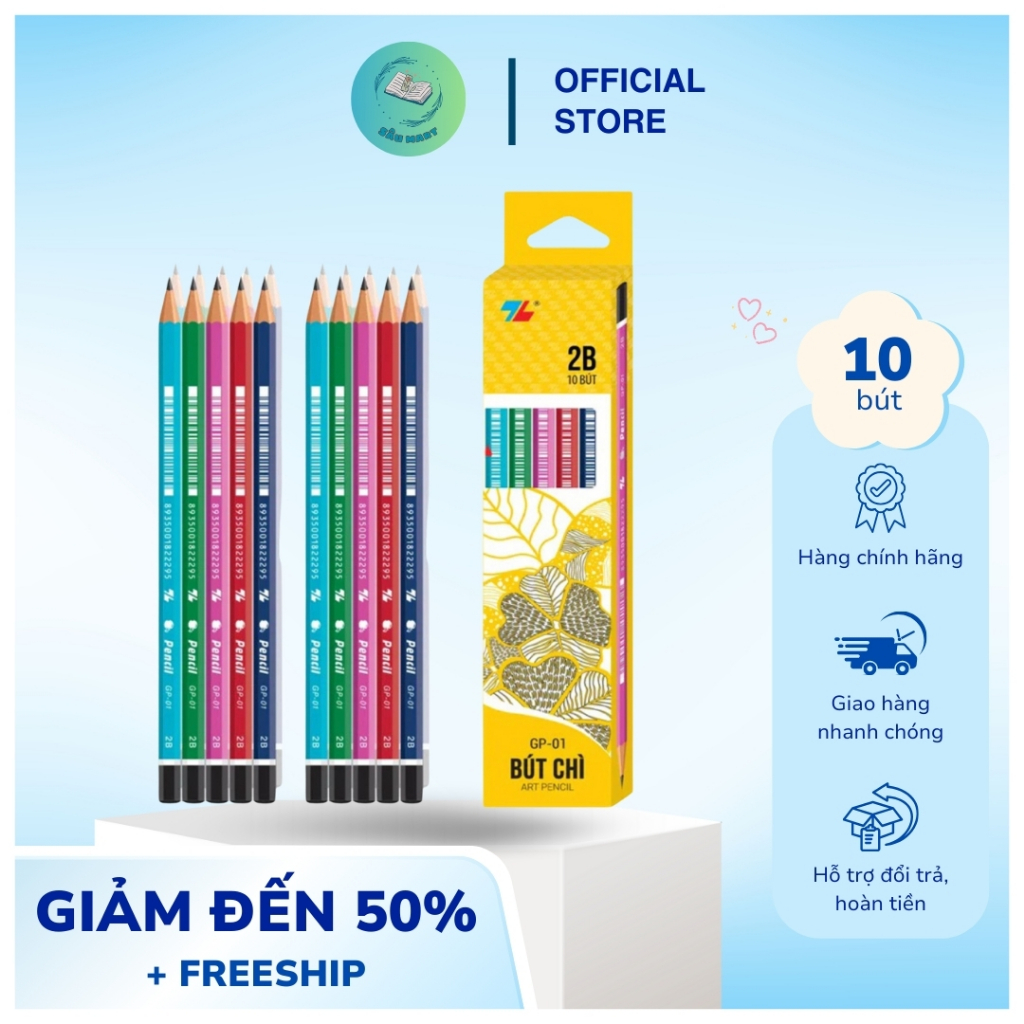 Hộp 10 bút chì 2b Thiên Long GP-01 mẫu mới, bút chì 2b nhiều màu sắc đẹp