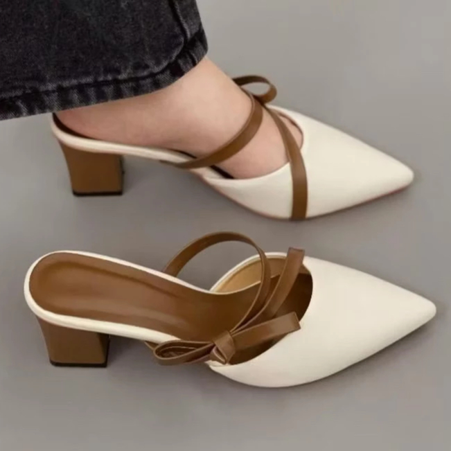 Giày cao gót, sục mũi nhọn đính nơ siêu xinh đế vuông 5p-7p