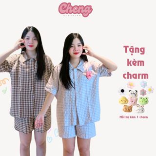 Bộ đồ ngủ kẻ caro CHENG CLOTHING nhiều màu chất đũi nhăn