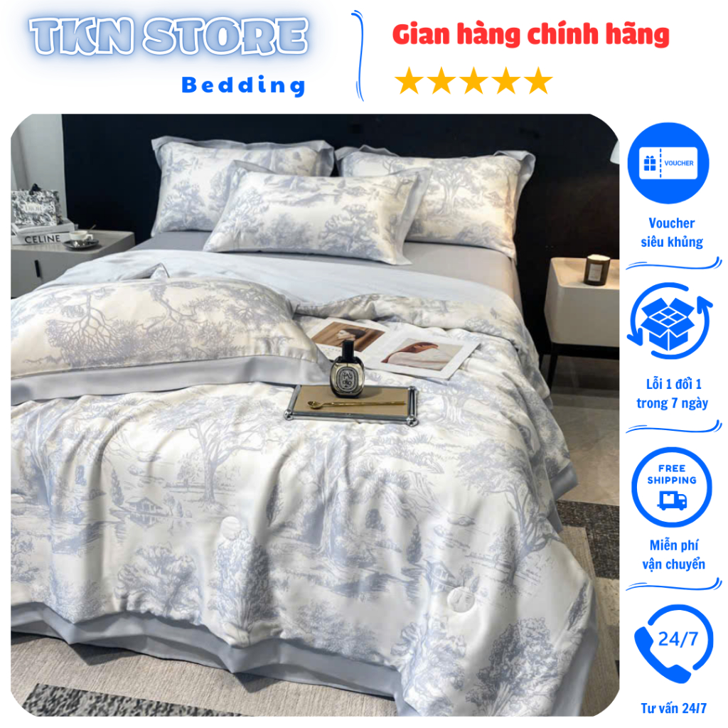 Bộ chăn ga gối lụa thái 4 món nhập khẩu cao cấp, Drap chăn hè chất liệu lụa thái mềm mịn thoáng mát,