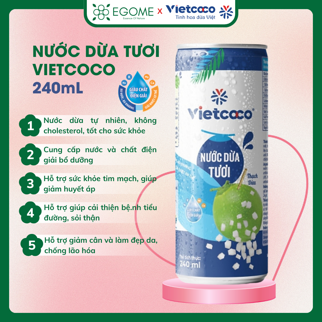 Nước Dừa Tươi Vietcoco có cơm giàu chất điện giải 240ml