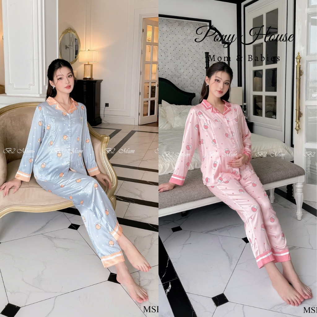 Bộ Lụa Bầu Sau Sinh B2 Mum Lụa Tơ Mềm Mại Có Chun Chỉnh Bụng, Kéo Khóa Cho Bé Ti