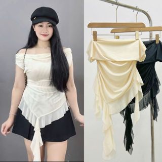 Áo thun bigsize nữ trễ vai vải thun lưới tua rua mềm mại co giãn cá tính retro vintage thời trang -  A280