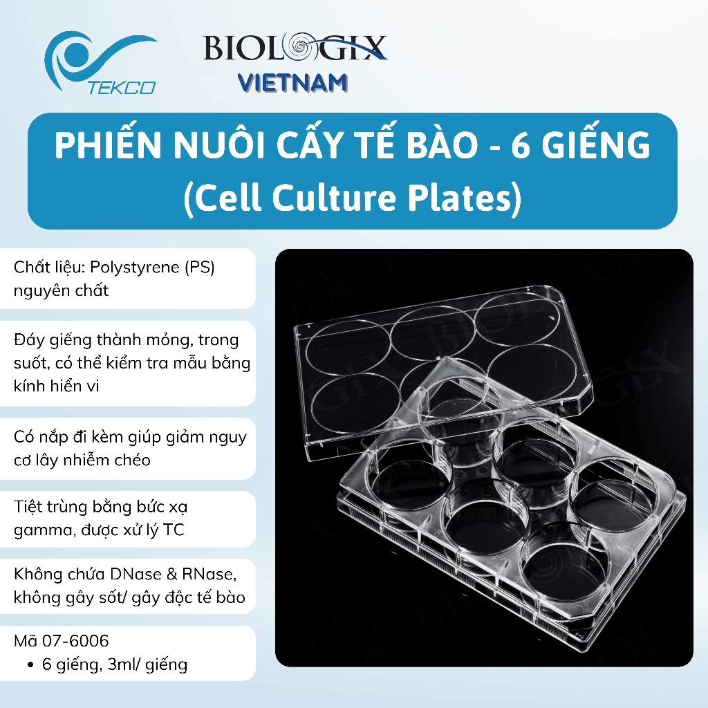 Phiến nuôi cấy tế bào 6 giếng, tiệt trùng 1 cái/túi (Cell Culture Plates), mã 07-6004, Biologix-USA