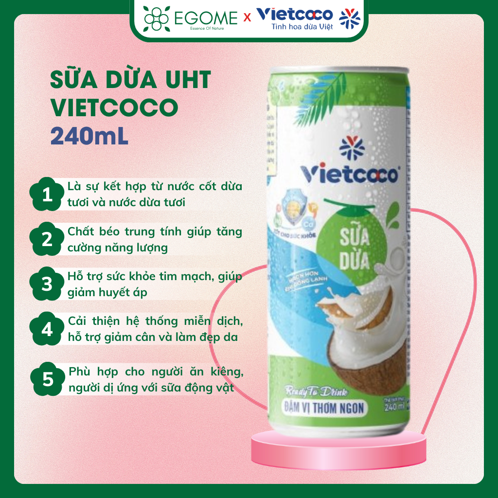 Sữa Dừa Vietcoco nguyên vị 240ml - sữa thực vật tốt cho người ăn kiêng
