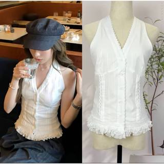 Áo Kiểu Sát Nách Nữ, Áo Sơ Mi Cổ Yếm Trắng Phối Ren Kiểu Nhún Cá Tính Dễ Mix Đồ Cho Nàng Đi Biển, Đi Chơi Đều Sang- MP