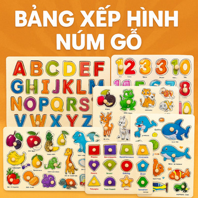 Bảng Gỗ Xếp Hình Gắn Núm Cho Bé – Ghép Hình Nhận Biết Chữ Cái, Số, Rau Củ, Động Vật, Phương Tiện