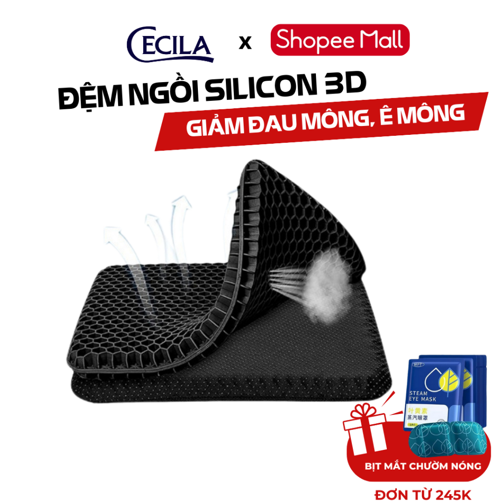 Đệm ngồi lót mông 3D Silicon văn phòng CECILA Gối Nệm Y Tế thế hệ mới, cấu trúc tổ ong 2 lớp thoáng khí, giảm đau mông