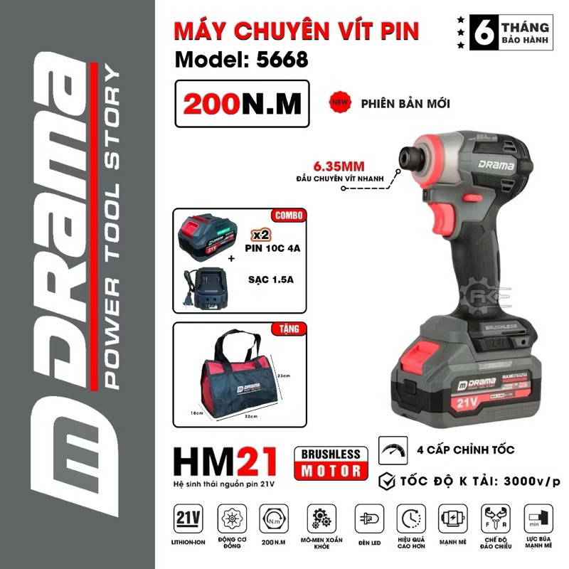Máy Chuyên Vít Drama 5568 TD173D Đỏ,Đông Cơ Không Chổi Than,Lực Siết 360NM,Chuyên Vít Công Trình