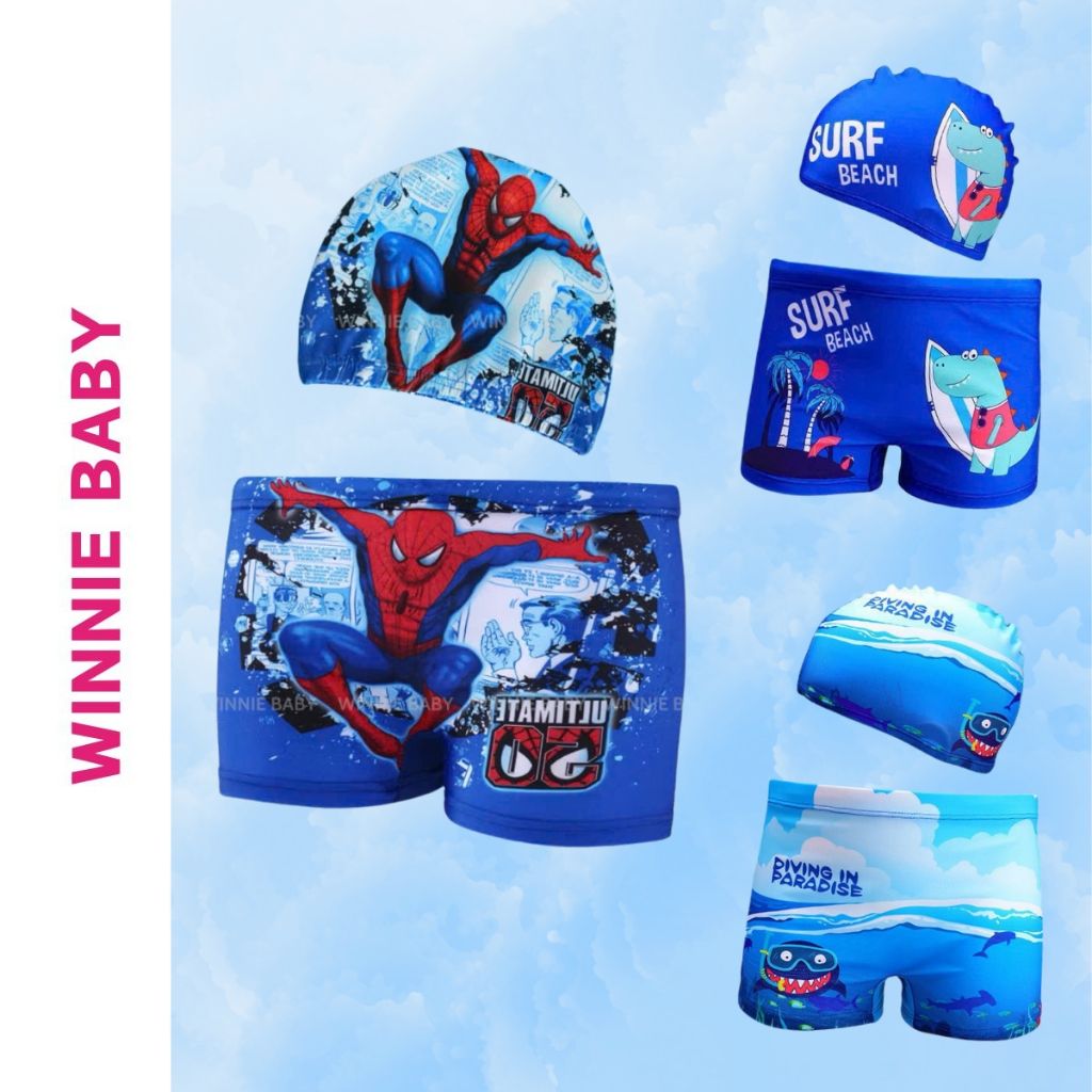 Đồ Bơi BÉ TRAI Kèm Mũ, Quần Bơi Cho Trẻ Em 10–30kg, Vải Polyester Nhanh Khô, Chống Thấm, Họa Tiết Kh