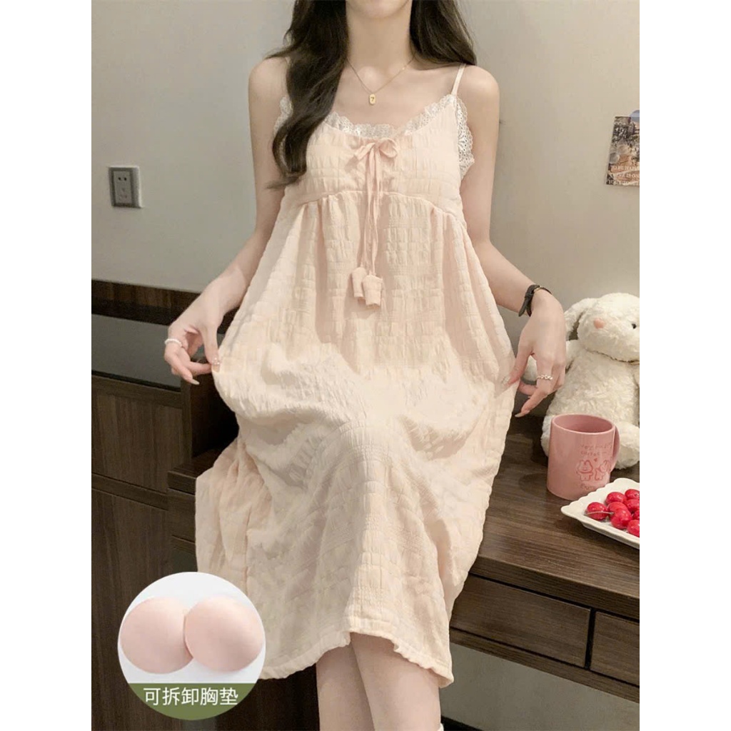 Đầm váy ngủ babydoll 2 dây có mút chất đũi cotton mặc nhà thoáng mát cách điệu dễ thương phong cách 036