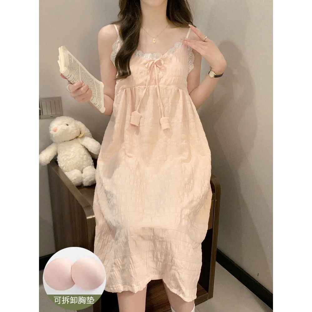  Đầm váy ngủ babydoll 2 dây mặc nhà chất đũi cotton thoáng mát cách điệu dễ thương phong cách Hàn Quốc 036 