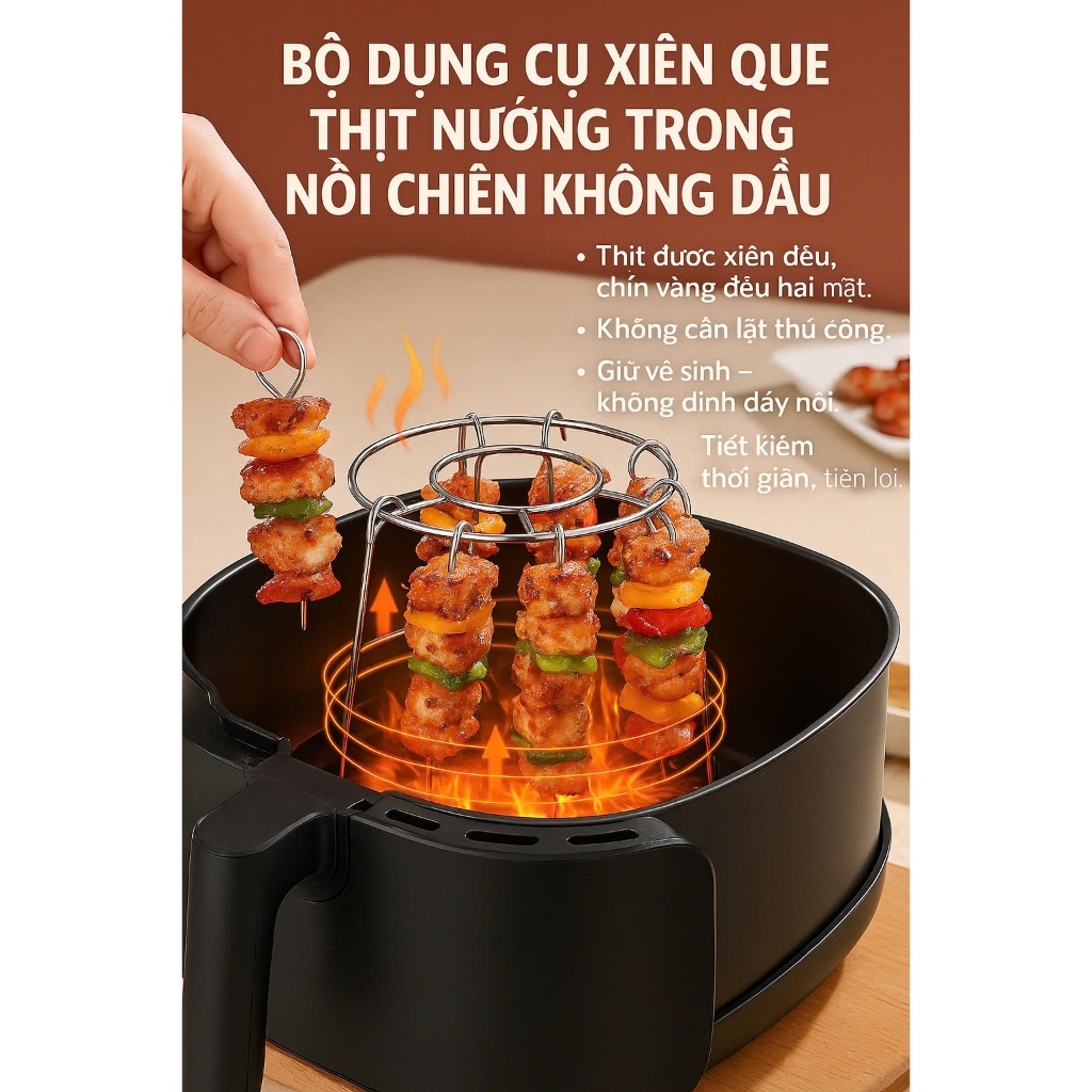 Bộ dụng cụ xiên nướng inox, set xiên que thịt nướng đa năng cho nồi chiên